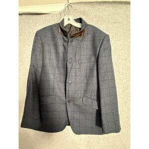 Enzo Tovare Blazer Sport Coat Mens 40 Blue Wool Check Tweed Stand Collar Jacket